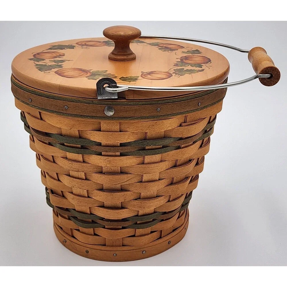 *SIGNED* '02 Longaberger Sage Autumn Round Pail Basket w/Handle, Protector & Lid